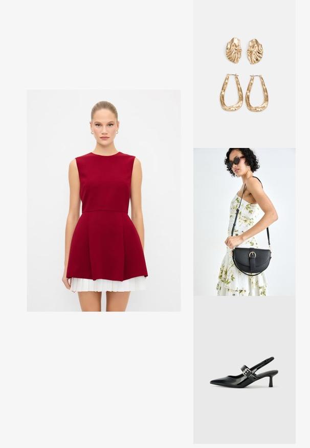 Vestido sin mangas burdeos con un corsé ajustado, falda acampanada y detalles plisados blancos en el dobladillo. Tejido suave con una silueta limpia.; Zapatos de tacón en charol negro con tira al tobillo, punta afilada y un pequeño tacón bloque, que cuentan con un acento de hebilla plateada en la correa.; Bolso de piel negra con forma curva, correa desmontable y herrajes dorados. El bolso cuenta con una solapa con un detalle de hebilla.; Pendientes en tono dorado que presentan formas texturizadas y onduladas. Incluyen aros de clip esculturales y un diseño de aro abierto con un acabado martillado.