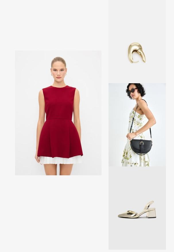 Burgundy ärmlös klänning med en åtsittande liv, utställd kjol och vita plisserade detaljer vid fållen. Slät tyg med en ren silhuett.; Guld, metalliska slingback-klackar med spetsig tå och chunky klack. Slät textur, minimalistisk design och en smal rem.; Svart läderhandväska med en böjd form, avtagbar rem och guldiga detaljer. Väskan har ett lock med en spänndetalj.; Örhänge i guldtonad metall med en elegant, böjd design. Har en distinkt spetsig form, polerad yta och gångjärnslås.