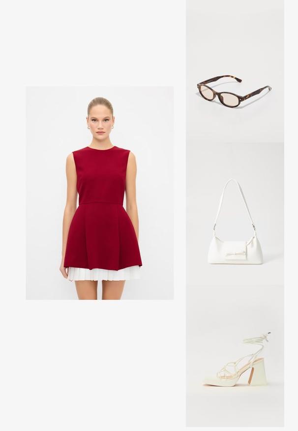 Bordeaux mouwloze jurk met een getailleerde bustier, een uitlopende rok en witte geplooide accenten aan de zoom. Glad materiaal met een strakke silhouet.; Witte hoge hakken sandaal met een chunky hak, met een bandjesontwerp en enkelband. Gladde textuur met een plateau voor extra hoogte.; Schildpadbril met een ronde vorm en lichte lenzen. Heeft stevige armen met kleine gouden accenten, gemaakt van plastic materiaal.; Witte synthetische handtas met een driehoekige vorm, platte voorklep en strikdetail, verstelbare schouderriem, gladde textuur en minimalistisch ontwerp.