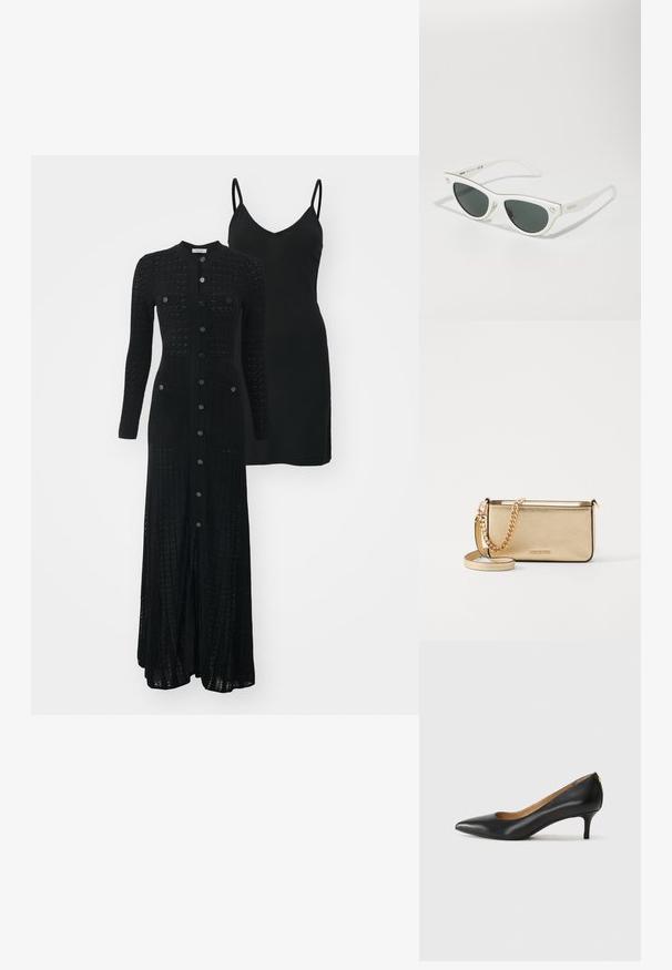 Svart strikket lang cardigan med knappelukking og to frontlommer, lagd over en svart spaghetti beholderkjole.; Sorte lærpumpe med spiss tå, lav hæl og en glatt tekstur. Har en liten åpning foran og minimalt med beslag bak.; Hvite katteøyne solbriller med mørke linser, gullaccenter på rammen, og logo detaljer på siden. Glatt plastmateriale.; Metallisk gullfarget skinnlommebok med teksturert finish, featuring en gullkjede-rem og en avtagbar skulderrem. Merkets logo er preget.