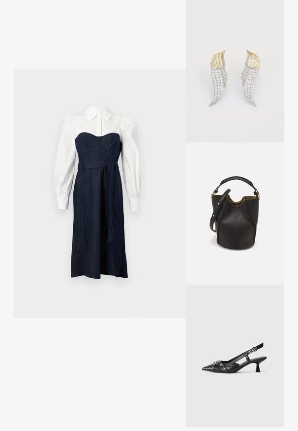 Teksasest värvitud kleit, millel on struktuurne tumepale corpore ja valged särkstiilis varrukad. Omab vormitud talje ja sobivat sidumisrihma.; Must must have must toote tõmblukuga, dekoratiivsed rihmad metallist silmadega ja madal blokk-kand. Tekstureeritud pind.; Mustast nahkämbriga kott tekstuurses viimistluses, kuldsete metalldetailide aktsentidega ja avatud ülaosaga. Omab lühikest käepidet ja reguleeritavat õlavarre rihma.; Kaks tiivakujulist kõrvaehte, mis on valmistatud hõbedatooni metallist, millel on selged ümarad kristallid ja kuldtooni metallikattega kihiline disain.