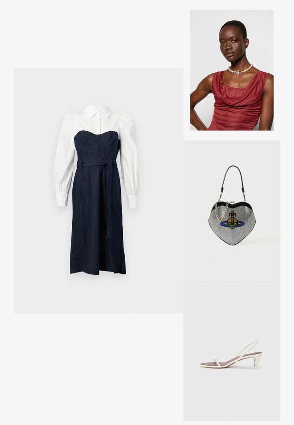 Farmer ruha, strukturált sötétkék felsőrésszel és fehér ing stílusú ujjal. Felszerelt derékrésszel és hozzá illő övvel rendelkezik.; Fehér, pántos szandál enyhe sarokkal, vékony pántokkal és sima bőr textúrával; kis díszítő csattal rendelkezik.; Szív alakú, hálós táska fényes fémes felülettel, kék, sárga és piros macska- és bolygó mintával. Fém lánc pántot tartalmaz.; Kéréknyakú, mélyvörös ruha sima textúrával. Gyöngy nyaklánc díszes ezüst kiegészítővel a közepén.