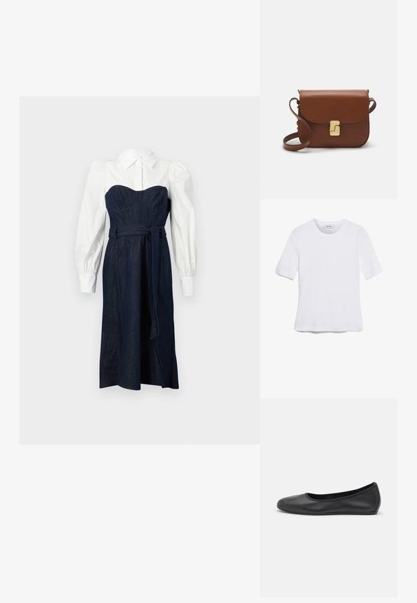 Vestido de ganga com um corpete estruturado azul escuro e mangas estilo camisa brancas. Apresenta uma cintura ajustada e um cinto de laço correspondente.; T-shirt de manga curta branca feita de tecido canelado. Decote redondo, ajuste regular e detalhes de costura subtis. Sem padrões ou gráficos.; Bailarina preta em pele com bico arredondado, textura suave, detalhe de costura minimalista e design de sola flexível.; Bolsa de couro castanho com fecho de aba, decoração em tom dourado, alça de ombro e textura suave. Formato retangular compacto.