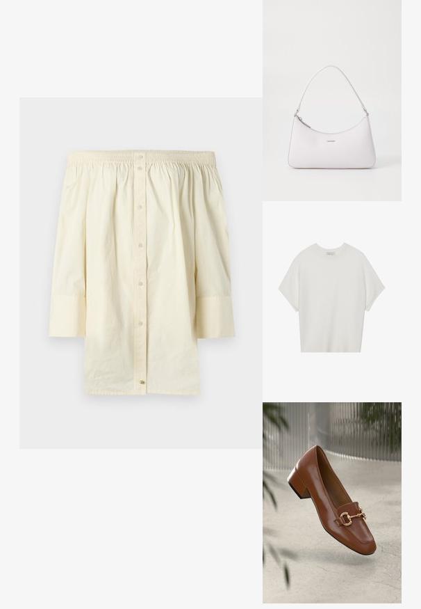 Olkapäitä paljastava, kerma-valkoinen puuvillapaita. Ominaisuuksiin kuuluu rypytetty pääntiellä, napitus edessä ja kolmivartiset hihat.; Valkoinen lyhythihainen t-paita, jossa on leveä pyöreä kaula-aukko ja teksturoitu ribbikuvio, valmistettu pehmeästä kankaasta, rento malli ja siisti muotoilu.; Ruskea kiiltävä nahkaloaferi neliönmuotoisella varpaalla, metalliketjuaktsentilla ja matalalla tukijalalla; sileä rakenne, minimalistinen muotoilu.; Vaaleanpunainen nahkainen olkalaukku, jossa on kaareva muotoilu, vetoketjukiinnitys ja hopeiset yksityiskohdat. Minimalistinen logo edessä.