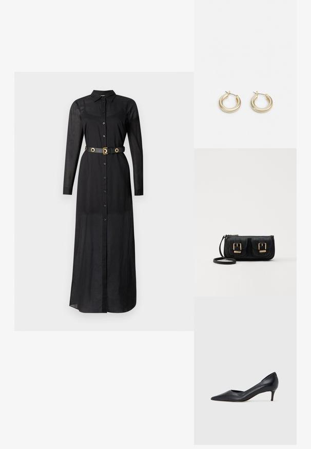 Must mustagael dress mustade pikkade varrukatega, kaelusega, esipaneeli nuppudega ja musta vöödiga, millel on kuldsed ringikujulised detailid. Sile materjal ja sirge lõige.; Mustast nahast kontsakinga terava ninaga ja madala kontsaga. Omadused on sile pind ja peen läige. Esiosal on avatud lõige, mis lisab detaili.; Must küllastamata nahast õlakott, millel on kaks esist nähtavat taskut, kuldsed pandlad, tõmblukuga sulgemine ja peen rihm. Tekstuuriga pind ja kompaktne ristkülikukujuline kuju.; Lauren Ralph Lauren BASIC SMALL HOOP - Kõrvarõngad - gold-coloured