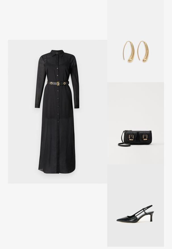 Rochie neagră cu mânecă lungă, cu guler, butoane frontale și o curea neagră cu accesorii circulare din aur. Material neted și croială dreaptă.; Pantofi cu toc slingback negri din patent, cu vârf ascuțit, cu imprimeu de șarpe texturat, curea ajustabilă și toc scurt texturat.; Geantă neagră din piele, tip crossbody, cu două buzunare frontale, catarame aurii, închidere cu fermoar și o curea subțire. Suprafață texturată și formă rectangulară compactă.; Cercei din metal auriu, cu un design curbat și alungit. Au o suprafață netedă și strălucitoare, cu un vârf rotunjit pentru un detaliu suplimentar.