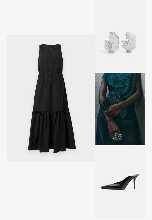 Black sleeveless dress featuring an elastic waistband, gathered neckline, and a tiered, ruffled hemline, made of lightweight fabric.; Black patent leather high-heeled mule with a pointed toe and a sleek silhouette, featuring an open back and a slender stiletto heel.; Black crocodile-patterned clutch bag with silver hardware, held against a textured gray background. Features a shiny surface.; Silver earrings with a flowing, spiral design. Smooth texture with a polished finish. Features a subtle sheen and no visible embellishments.