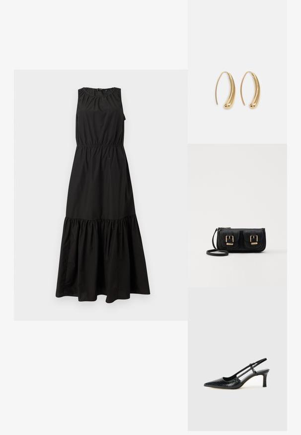 Musta ilmanhiha Dress, jossa on joustava vyötärö, kerätty pääntie ja kerroksellinen röyhelöhelma, valmistettu kevyestä kankaasta.; Musta patent slingback-kiilakorko teräväkärkisellä muotoilulla, jossa on teksturoitu käärmeennahkakuosi, säädettävä remmi ja lyhyt, teksturoitu blokkiheel.; Musta nahkainen olkalaukku, jossa on kaksi etutaskua, kultaiset soljet, vetoketjukiinnitys ja kapea hihna. Teksturoidun pinnan ja kompaktin suorakaiteen muoto.; Korvakorut kultasävytteistä metallista, joissa on kaareva, pitkänomainen muoto. Ominaisuuksiin kuuluu sileä, kiiltävä pinta ja pyöreä kärki lisäyksinä.