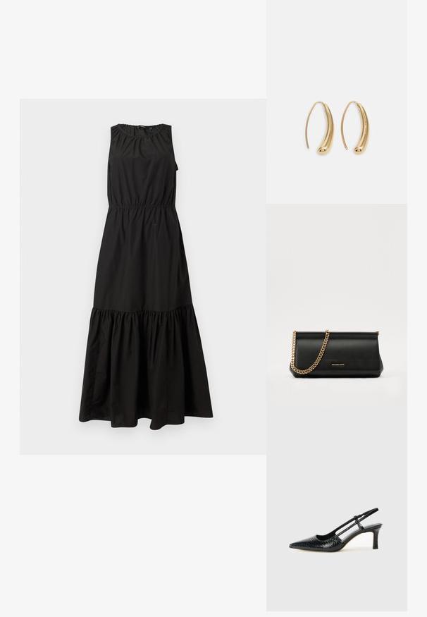 Rochie neagră fără mâneci, cu un brad elastic la talie, decolteu plisat și tiv valoros în straturi, realizată dintr-un material ușor.; Pantofi cu toc slingback negri din patent, cu vârf ascuțit, cu imprimeu de șarpe texturat, curea ajustabilă și toc scurt texturat.; Plică din piele neagră cu o curea din lanț auriu, având o textură netedă, formă rectangulară și o marcă embosată pe față.; Cercei din metal auriu, cu un design curbat și alungit. Au o suprafață netedă și strălucitoare, cu un vârf rotunjit pentru un detaliu suplimentar.