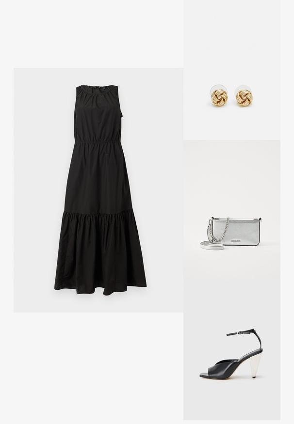 Čierne bezrukávové šaty s elastickým pásom, zhrnutým výstrihom a tierovaným, volánovým lemom, vyrobené z ľahkého materiálu.; Čierne kožené sandále na vysokých podpätkoch s otvorenou špičkou, asymetrickým dizajnom, remienkom okolo členka a kovovým kužeľovitým podpätkom. Hladká textura po celom povrchu.; Strieborná kožená crossbody taška s textúrovaným povrchom, reťazcovými a ramennými akcentmi a zipsovým uzáverom. Na prednej strane sa nachádza logo.; Náušnice s uzlom v zlatej farbe s prekrúteným dizajnom. Každá náušnica má kruhové priehľadné pozadie pre bezpečné nosenie.
