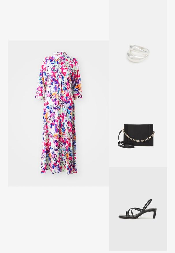 Duža cvjetna haljina s ovratnikom, s mnoštvom obojenih cvjetova na svijetloj podlozi; izrađena od lagane tkanine, ima dugačke rukave i kopčanje na gumbe.; Crne sandale s trakama, kvadratnim prstom i niskom blok petom. Ima više tankih trakica i podesivu trakicu oko gležnja. Izrađene su od glatke kože.; Crna kožna torba preko tijela s glatkom teksturom, pravokutnim oblikom i metalnim lancem na prednjoj strani. Uključena je podesiva naramenica.; Srebrna dvostruka prsten s glatkom, poliranom površinom. Karakterizira ga fluidan, zakrivljen dizajn s preklapajućim sekcijama za moderan izgled.