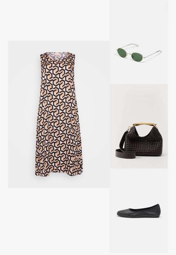 Ärmelloses Kleid mit geometrischem Muster in Schwarz, Beige und Weiß. Hergestellt aus glattem Stoff mit lockerer Passform und Rundhalsausschnitt.; Schwarze Leder-Ballettschuhe mit abgerundeter Spitze, glatter Textur, minimalen Nähdetails und einem flexiblen Sohlen-Design.; Sonnenbrille mit goldenem Rahmen, grünen ovalen Gläsern und dünnen Metallarmen. Verfügt über klare Kunststoffspitzen an den Armen für zusätzlichen Komfort.; Elleme BOOMERANG WOVEN - Handtasche - brown