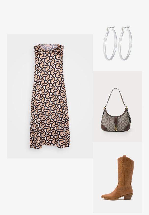 Mouwloze jurk met een geometrisch patroon in zwart, beige en wit. Gemaakt van een gladde stof met een losse pasvorm en ronde halslijn.; Tan leren cowboylaars met puntige neus, geborduurde spiraalpatronen op de schacht en een gestapelde blokhak. Voorzien van een trekband voor gemakkelijke aan- en uittrekken.; COACH HAMPTONS HOBO BAG IN SIGNATURE JACQUARD - Handtas - oak maple; Zilveren oorbellen in de vorm van een gladde, gepolijste ring. Ronde vorm met een veilige kliksluiting. Lichtgewicht ontwerp, geschikt voor dagelijks gebruik.