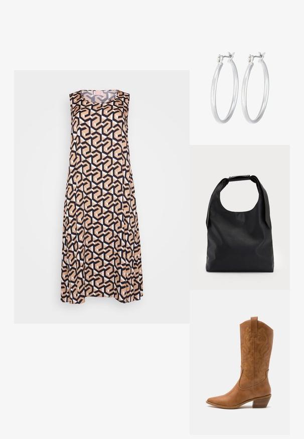 Suknelė be rankovių, dekoruota geometriniu raštu juoda, smėline ir balta spalvomis. Pagaminta iš lygaus audinio, laisvo kirpimo ir su apvaliu iškirpimu.; Ruda odinė kantri batai su smailiu būtų pirštu, siuvinėtais spiralės raštais ant viršaus ir su kamščiu blokuotu kulnu. Yra tamprių užtraukių, kad būtų lengviau užsidėti.; Juoda odinė hobo tipo rankinė su viena minkšta, apvalia rankena; pasižymi lygiu paviršiumi ir minimalizmu. Nėra matomų detalių ar akcentų.; Sidabriniai auskarai su sklandžiu, poliruotu paviršiumi. Apvalios formos ir saugus uždarymo mechanizmas. Lengvas dizainas, tinkantis kasdieniam dėvėjimui.