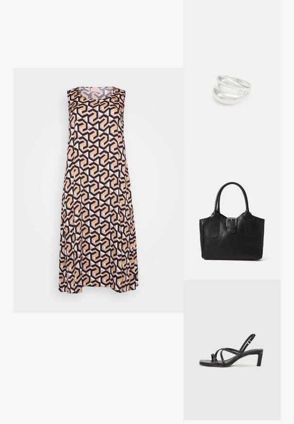 Hihaton mekko, jossa on geometristen muotojen kuvio mustassa, beigen ja valkoisen sävyissä. Valmistettu sileästä kankaasta, jossa on löysä malli ja pyöreä kaula-aukko.; Mustat hihnalligat, joissa on neliön muotoinen kärki ja matala lohkokorko. Ominaisuuksiin kuuluu useita ohuita hihnoja ja säädettävä nilkkahihna. Valmistettu sileästä nahasta.; Musta nahkainen olkalaukku, jossa on sileä pinta, ryhdikäs muoto, kaksi kahvaa ja silmienpistävä hopeinen solkiyksityiskohta edessä.; Hopeinen kaksinkertainen rengas, jossa on sileä, kiillotettu pinta. Siinä on sulava, kaareva muotoilu, jossa on päällekkäisiä osia modernin ilmeen saavuttamiseksi.