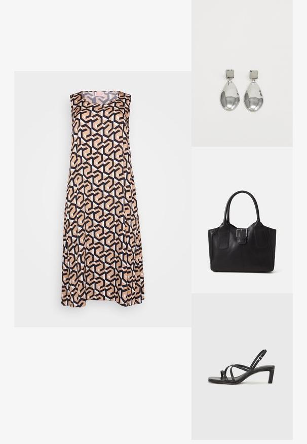 Ermeløs kjole med et geometrisk mønster i svart, beige og hvit. Laget av glatt stoff med løs passform og rund hals.; Sorte sandaler med stropper, firkantet tå og lav blokk hæl. Har flere tynne stropper og en justerbar ankelstropp. Laget av glatt lær.; Svart skinn toteveske med jevn tekstur, strukturert form, to håndtak og en fremtredende sølvspenne foran.; Sølv dråpeøreringer med firkantet studs, med en glatt, polert overflate og en tåreformet design som reflekterer lys med en blank overflate.