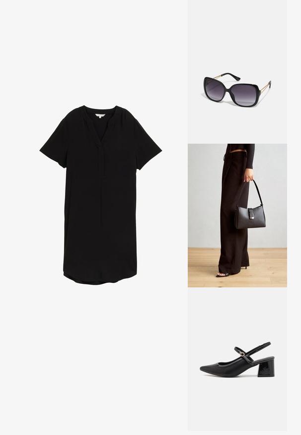 Robe noire à manches courtes en tissu léger, avec un col fendu et un ourlet légèrement arrondi pour une coupe décontractée.; Escarpins slingback en cuir verni noir avec un embout pointu, un design à découpes arrondies et un talon carré. Présente un accent de boucle en ton doré.; Lunettes de soleil noires surdimensionnées avec des verres dégradés, monture épaisse et détails en chaîne dorée sur les branches.; Sac à main noir à la forme structurée, texture lisse et fermoir métallique. Associé à un pantalon noir ample et des sandales ouvertes sur un sol en bois.