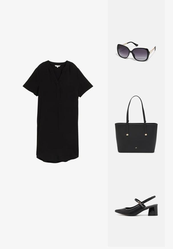 Črna obleka s kratkimi rokavi iz lahkotnega materiala, z razporkom na vratu in rahlo ukrivljenim robom za sproščen kroj.; Črne patentne usnjene salonarce s slingback obliko, s koničastim nosom, zaobljenim izrezom in blok peto. Imajo zlato kovinsko zaponko kot dodatno okrasje.; Črne prevelike sončne očala z degradacijskimi lečami, debelimi okvirji in zlatimi verižicami na ročajih.; Črna torba iz sintetičnega materiala, preproste pravokotne oblike, z zlatimi kvadratnimi detajli in dvojnih ročajem.