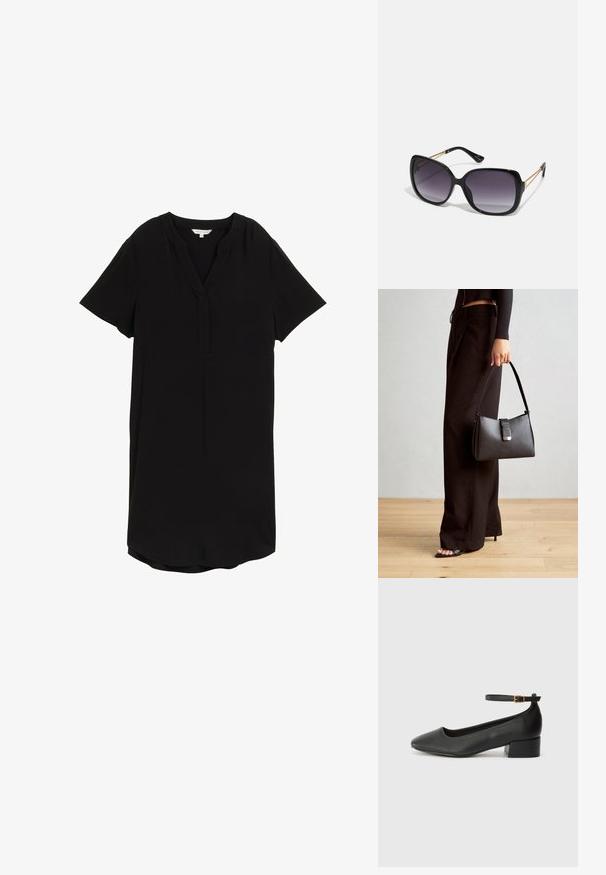 Must lähemike lühikeste varrukatega kleit kerge kangaga, millel on lõhenenud kaelus ja veidi kõver serv, pakkudes mugavat istuvust.; Must mustaapp, millel on terav nina ja madal blokk-kand. Omab pahkluu rihma koos kuldse tooni pandlaga. Sile tekstuur.; Mustad ümarad päikeseglaasid, millel on gradient objektiivid, paksud raamid ja kuldse tooni kettaga kaunistused tempelitel.; Must musta kott, millel on struktureeritud kuju, sile tekstuur ja metallist klamber. Kombineeritud laiate mustade pükstega ja avatud varvaste sandaalidega puidust põrandal.