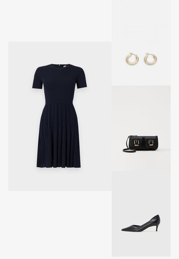 Tumedat sinise ribaga kleit, millel on ümar kaelus ja lühikesed varrukad. Laienev seelik, millel on vertikaalsed voldid. Tagant lukuga sulgemine. Pehme tekstuur.; Mustast nahast kontsakinga terava ninaga ja madala kontsaga. Omadused on sile pind ja peen läige. Esiosal on avatud lõige, mis lisab detaili.; Must küllastamata nahast õlakott, millel on kaks esist nähtavat taskut, kuldsed pandlad, tõmblukuga sulgemine ja peen rihm. Tekstuuriga pind ja kompaktne ristkülikukujuline kuju.; Lauren Ralph Lauren BASIC SMALL HOOP - Kõrvarõngad - gold-coloured