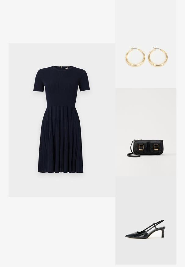 Jūras spēku toni ribota kleita ar apaļu kakla izgriezumu un īsām piedurknēm. Izliekta svārku daļa ar vertikālām krokām. Aizmugurē ir rāvējslēdzēja aizdare. Mīksta tekstūra.; Melna patent āda ar slīdošo papēdi un smailo purngalu, ar teksturētu čūsku drukājumu, regulējamu siksniņu un īsu teksturētu blokpapēdi.; Melnas ādas crossbody soma ar divām priekšējām kabatām, zelta sprādzēm, ar rāvējslēdzēju aizdari un šauru siksnu. Strukturēta virsma un kompakta taisnstūra forma.; Zelta krāsas auskari ar gludu, noapaļu dizainu, aprīkoti ar plānu stieples aizdari un pulētu apdari, lai iegūtu mirdzošu izskatu.