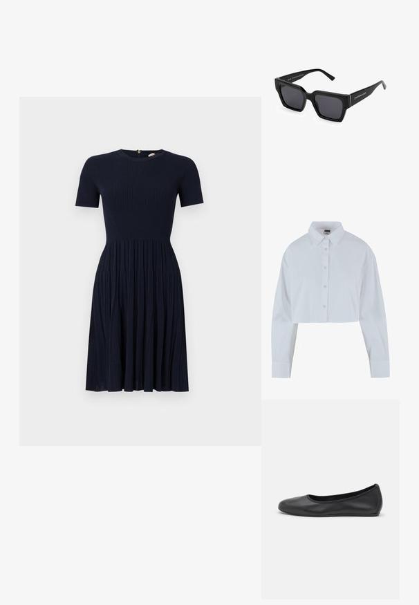 Tmavě modré žebrované šaty s kulatým výstřihem a krátkými rukávy. Sukně do áčka s vertikálními záhyby. Zadní zip. Měkká textura.; Zkrácená bílá košile s krátkým límcem, dlouhými rukávy a hladkým povrchem. Obsahuje přední límec s odpovídajícími knoflíky.; Černé kožené baletní byty s kulatou špičkou, hladkou texturou, minimálními švy a flexibilním designem podrážky.; Černé sluneční brýle ve tvaru čtverce s robustními rámy a tmavými skly. Na bočním rameni se nachází značka. Hladký povrch s matnou texturou.
