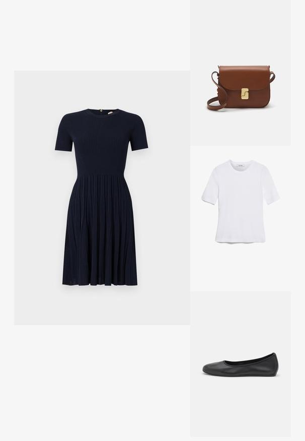 Tmavě modré žebrované šaty s kulatým výstřihem a krátkými rukávy. Sukně do áčka s vertikálními záhyby. Zadní zip. Měkká textura.; Bílá tričko s krátkým rukávem vyrobené z žebrované tkaniny. Kulatý výstřih, normální střih a jemné detaily šití. Bez vzorů nebo grafik.; Černé kožené baletní byty s kulatou špičkou, hladkou texturou, minimálními švy a flexibilním designem podrážky.; Hnědá kožená kabelka s klopou, zlatými kovovými detaily, ramenním popruhem a hladkým povrchem. Kompaktní obdélníkový tvar.