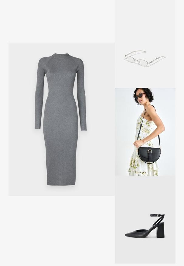 Vero Moda Tall VMWILLOW DRESS - Abito in maglia - medium grey; Pump in pelle nera con punta affusolata, cinturino alla caviglia e tacco spesso. Texture piatta, design elegante ed estetica minimalista.; Occhiali ovali con una montatura in metallo argentato, lenti trasparenti e decorazioni sui templi in perline texturizzate. Design leggero con bracci curvi.; Borsa a tracolla nera in pelle con una forma curva, manico rimovibile e accessori dorati. La borsa presenta una patta con un dettaglio a fibbia.