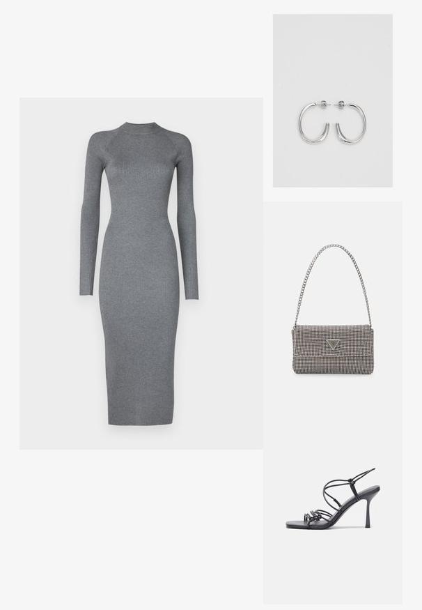 Vero Moda Tall VMWILLOW DRESS - Neulemekko - medium grey; Mustat korkokengät sandaalit, joissa on ohuet hihnat solmittuna, sileä neliön muotoinen varvasosa ja tyylikäs stiletto-korko.; Vaalea harmaa metallinen käsilaukku, jossa on ketjusanka. Laukku on koristeltu pienillä pyöreillä metallikoruilla ja kolmion muotoisella brändilogolla.; Hopehopeet hopehopeet hopehopeet hopehopeet, jolla on sileä, kiiltävä pinta. Pyöreä muoto, kevyt rakenne, jossa on neulakiinnitys.