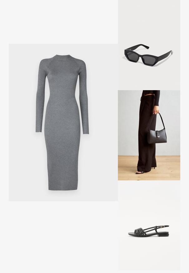 Vero Moda Tall VMWILLOW DRESS - Svetríkové šaty - medium grey; Čierne ploché sandále so šnurovacím dizajnom, obsahujúce viaceré kožené pásiky a tenký remienok na členku. Podrážka je plochá a obdĺžniková.; Čierne obdĺžnikové slnečné okuliare s hrubými rámami, tmavými sklami a ostrým dizajnom. Hladký plastový materiál bez viditeľných vzorov alebo akcentov.; Čierna kabelka so štruktúrovaným tvarom, hladkou textúrou a kovovou sponou. V kombinácii so širokými čiernymi nohavicami a sandálmi s otvorenou špičkou na drevenej podlahe.