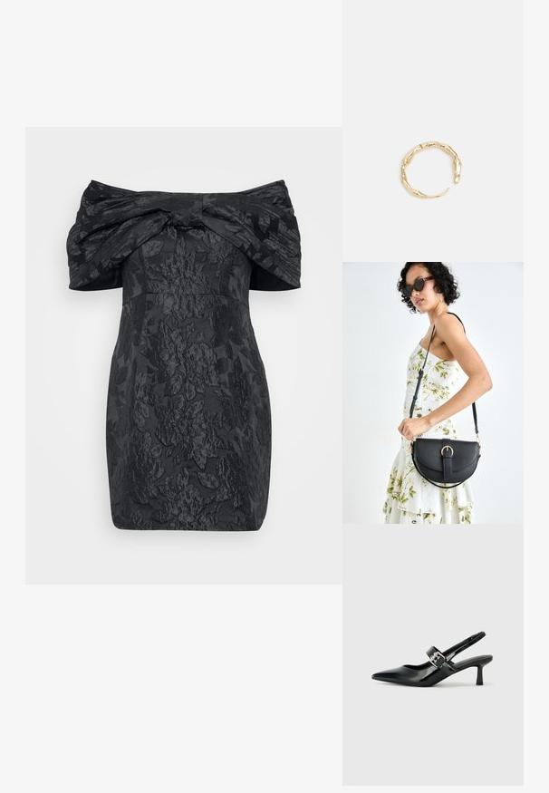 Melna kleita bez pleciem ar lielu loku, teksturēts ziedu raksts, pieguļošs siluets un īss garums.; Melnas lakotas ādas sūkņa kurpes ar norādītu purngali un mazu bloku papēdi, ar sudraba sprādzi akcentā uz jostas.; Melnas ādas rokassoma ar izliekta formu, noņemamu siksnu un zelta aksesuāriem. Somai ir vāciņš ar sprādzes detaļu.; Zelta toņa gredzens ar organisku, vērptu dizainu, gludu virsmu un sašaurinātiem galiem, radot mūsdienīgu, skulpturālu izskatu.