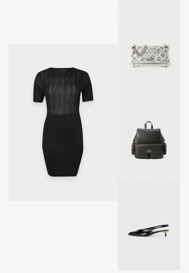 Fekete kötött ruha rövid ujjal, testhezálló siluettel és függőleges vonalakkal díszített texturált panelek a felsőtesten.; Fekete slingback pump, hegyes orral, fényes bőr felülettel és kis sarokkal, arany kiegészítéssel. Elegáns kialakítás nyitott háttal.; Fekete bőr hátizsák, fedéllal záródik, elülső zsebbel, oldalsó cipzáras rekeszekkel és felső fogantyúval rendelkezik. Az elején logó részletezéssel.; Ezüst színű fémes kézitáska lánckarral, steppelt textúrával, díszített varrással és cipzáros záródással. A fonákján domború részletek találhatók.