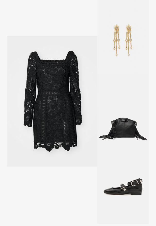 Čierne čipkované šaty s hranatým výstrihom, dlhými rukávmi, kvetinovými vzormi a vlnkovým lemom. Polopriehľadné s priliehavým strihom.; Čierne lakované baleríny so štvorcovou špičkou, remienkom okolo členka so striebornými prvkami a plochou podrážkou. Hladký povrch s minimalistickým dizajnom.; Maje MISS MINI - Taška cez plece - noir; Zlaté náušnice s mnohými kaskádovými reťazcami, ozdobené jasnými oválnymi kryštálmi a dekoratívnymi puzdrami.