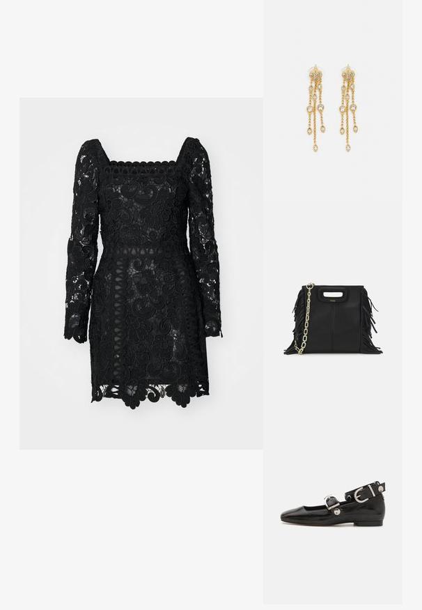 Melnā mežģīņu kleita ar kvadrātveida dekoltē, garām piedurknēm, ziedu rakstiem un viļņotu apakšmalu. Puscaurredzama ar pieguļošu siluetu.; Melnas laika patenta ādas dzīvokļu kurpes ar kvadrātu purngalu, potītes siksna ar sudraba furnitūru un platu zoli. Gluda tekstūra ar minimālu dizainu.; Melna ādas rokassoma ar frizūras detaļām, zelta ķēdes plecu siksnu un izgrieztu rokturi. Ir logotipa novietojums priekšpusē.; Zelta tonī auskari ar vairākiem kaskādes ķēdēm, kas rotāti ar caurspīdīgiem ovāliem rhinestone akcentiem un dekoratīvām pīrsingiem.