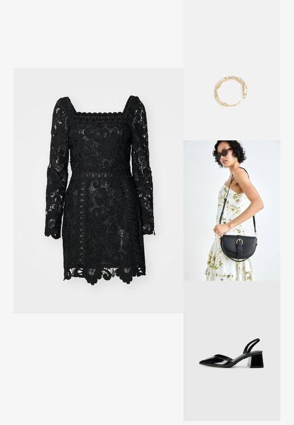 Must mustrite Kleid must kaelusega, pikad varrukad, lillelised mustrid ja laineline alus. Osaliselt läbipaistev, sobituv siluett.; Mustad musta lakknahk kingad, millel on terav varvas ja geomeetriline plokkkonts. Omab elegantselt minimalistlikku disaini ja sujuvat tekstuuri.; Mustmust mustraha kõverate joontega, eemaldatava rihmaga ja kuldsete detailidega. Kotil on klapp, millel on pandladetail.; Kuldtoonis sõrmus, millel on orgaaniline, keerdunud disain sileda tekstuuri ja kitsenevate otstega, luues kaasaegse skulptuurilise välimuse.