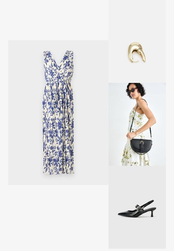 Cvetna poletna obleka v kremni in modri barvi. Ima globok V-izrez, nabrano krilo in pas z vezalko. Narejena je iz lahkega blaga z gladko teksturo.; Črne patent usnjene slingback pete s koničastim nosom in majhnim blok peto, ki vključujejo srebrno zaponko na traku.; Črna usnjena torbica s ukrivljeno obliko, z odstranljivo naramnico in zlatimi dodatki. Torbica ima pokrov s podrobnostmi v obliki zaponke.; Uhane nakit iz zlatastega tona z gladko, ukrivljeno zasnovo. Ima edinstveno koničasto obliko, polirano površino in zaponko s tečajem.