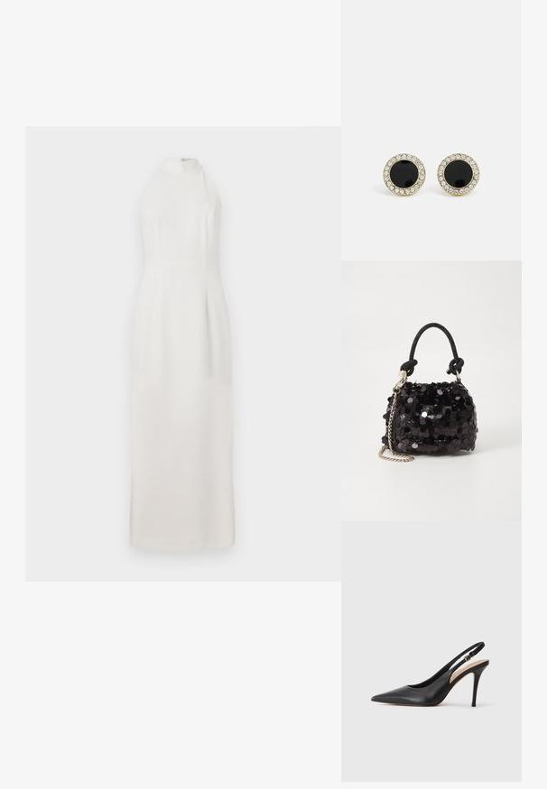Bijela, bezruka haljina s visokim vratom, izrađena od glatkog materijala. Ima uski korzet i lepršavu suknju koja se proteže do tla.; Crna kožna cipelica s visokom petom i otvorenom petom, s oštrim vrhom, glatkom teksturom i delikatnom trakicom s metalnom kopčom.; Crna mini torbica sa šljokicama, s čvorastim teksturiranim remenom i srebrnim lancem. Zaobljenog oblika s naboranim vrhom i reflektivnim detaljima.; DKNY INLAY STUD - Naušnice - black/gold-coloured