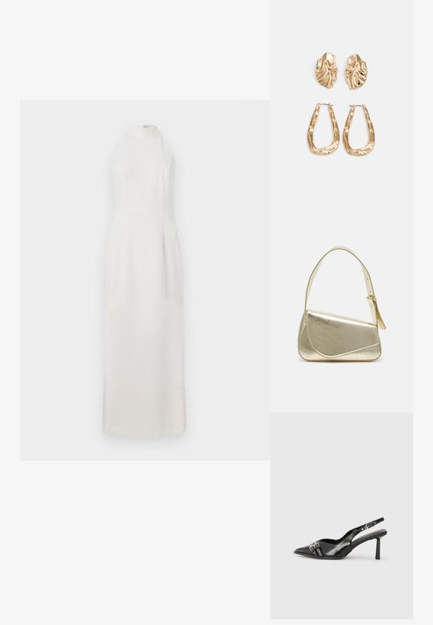 Robe blanche sans manches avec un col haut, faite en tissu lisse. Présente un corsage ajusté et une jupe fluide qui descend jusqu'au sol.; Chaussure slingback en cuir verni noir avec un embout pointu, des brides de cheville avec des boucles en argent et des éléments en métal, et un talon fin.; Sac à main en métal doré avec un design structuré, texture lisse et bandoulière ajustable. Présente une forme triangulaire unique et des coutures minimalistes.; Boucles d'oreilles dorées présentant des formes texturées et ondulées. Comprend des clips sculpturaux et un design de créoles ouvertes avec une finition martelée.