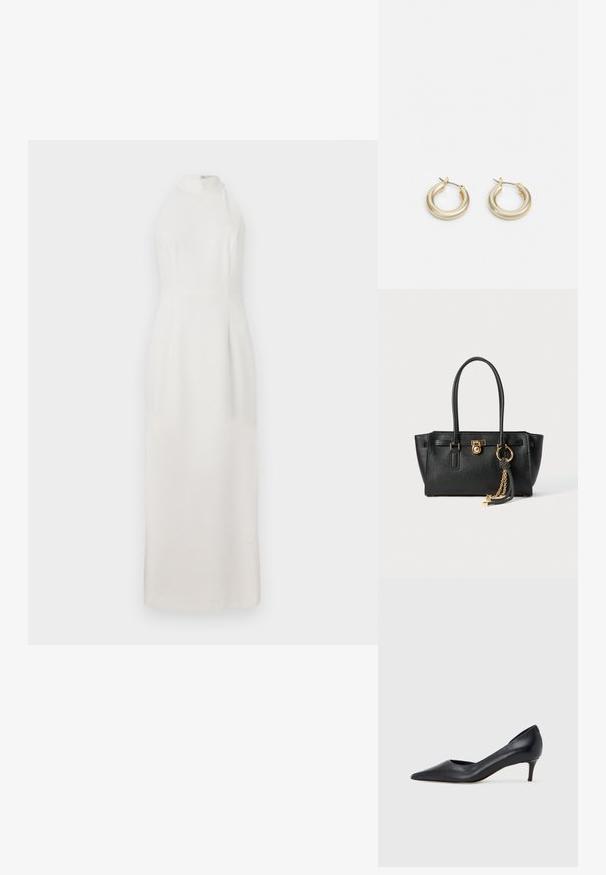 White, sleeveless dress with a high neck, made of smooth fabric. Features a fitted bodice and a flowing skirt that extends to the floor.; Black leather pump with a pointed toe and low heel. Features a smooth texture and subtle sheen. Open cut at the front for added detail.; Black leather handbag with double handles, gold lock and chain detail, and black-and-white tassel accessory against white background.; Lauren Ralph Lauren BASIC SMALL HOOP - Earrings - gold-coloured