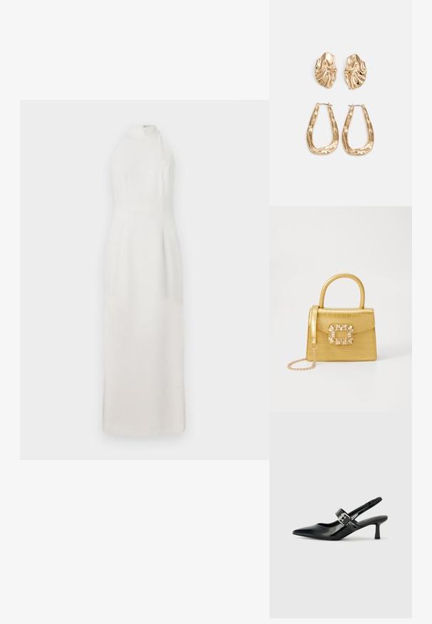 White, sleeveless dress with a high neck, made of smooth fabric. Features a fitted bodice and a flowing skirt that extends to the floor.; Black patent leather slingback heels with a pointed toe and a small block heel, featuring a silver buckle accent on the strap.; Yellow faux-crocodile handbag with a structured design, top handle, detachable chain strap, and decorative crystal embellishment on the clasp.; Gold-tone earrings featuring textured, wavy shapes. Includes sculptural clip-on studs and open hoop design with a hammered finish.