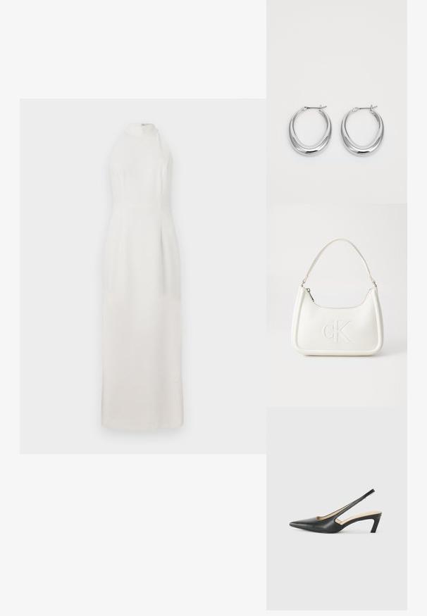 Hvid, ærmeløs kjole med høj hals, lavet af glat stof. Har en tætsiddende overdel og en flydende nederdel, der strækker sig til gulvet.; Sorte spidse slingback-sko med en lav hæl, lavet af glat læder og med udskæringer på siden for åndbarhed.; Hvid lædertaske med en buet form, der har et præget "CK"-logo på fronten og en enkelt skulderrem. Lynlåslukning i toppen.; Et par polerede sølv halvmåne hoops øreringe med hængslet lukkemechanisme på hvid baggrund.