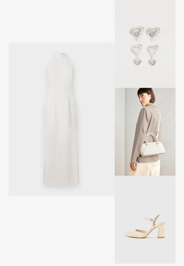 Weißes, ärmelloses Kleid mit hohem Kragen, aus glattem Stoff gefertigt. Hat ein eng anliegendes Oberteil und einen fließenden Rock, der bis zum Boden reicht.; Goldfarbene, metallic-überzogene, hochhackige Schuhe mit einer spitzen Zehenpartie, einem Knöchelriemen mit einem runden Verschluss und einem klobigen Absatzdesign. Glatte Textur.; Weiße strukturierte Handtasche mit kurzen Griffen und einem Schultergurt, ausgestattet mit goldfarbenen Hardware-Elementen und strukturiertem Material, vor einem grauen Hintergrund präsentiert.; Silberne herzförmige Ohrringe mit facettierten klaren Steinen und einem strukturierten Rahmen. Das Set umfasst Stecker- und Anhänger-Stile.