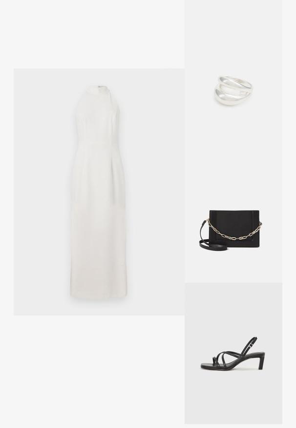 Balta bez piedurknēm kleita ar augstu apkakli, izgatavota no gludas auduma. Tai ir pieguļošs korpuss un plūstoša svārku daļa, kas stiepjas līdz grīdai.; Melnas strappy sandales ar kvadrātveida purngaliem un zemu bloku papēdi. Ievērojamas ar vairākiem plāniem siksniņām un regulējamu potītes siksniņu. Izgatavotas no gludas ādas.; Melna ādas crossbody soma ar gludu faktūru, taisnstūrveida formu un metalizētu ķēdes detaļu priekšā. Iekļauta regulējama siksna.; Sudraba divu joslu gredzens ar gludu, pulētu virsmu. Iezīmējas ar plūstošu, izliekta dizaina struktūru ar pārklājošām sekcijām modernam izskatam.