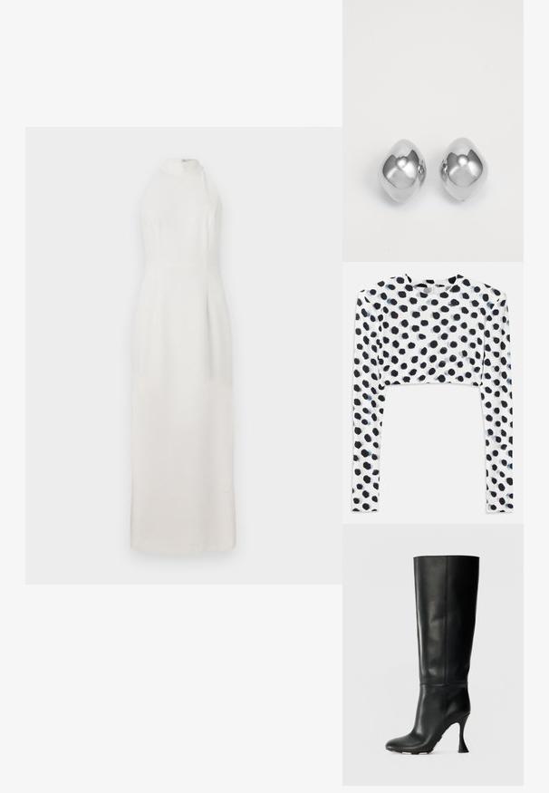 Valkoinen, hihaton mekko, jossa on korkea kaula-aukko, valmistettu sileästä kankaasta. Mekossa on tiukka yläosa ja virtaava hame, joka ulottuu lattiaan.; Lyhythihainen toppi joustavasta valkoisesta kankaasta, jossa on mustia pilkkuja, sileä pinta ja pyöreä pääntie.; Musta nahkainen polvipituinen saapas, jossa on tiukka varsi ja terävä kärki. Sen huomionarvoinen ominaisuus on kaareva korko ja sileä tekstuuri.; Hopeakkorvakorut, joissa on sileä, pyöreä muoto, kiiltävä pinta ja heijastava pinta. Minimalistinen muotoilu ilman koristeita.