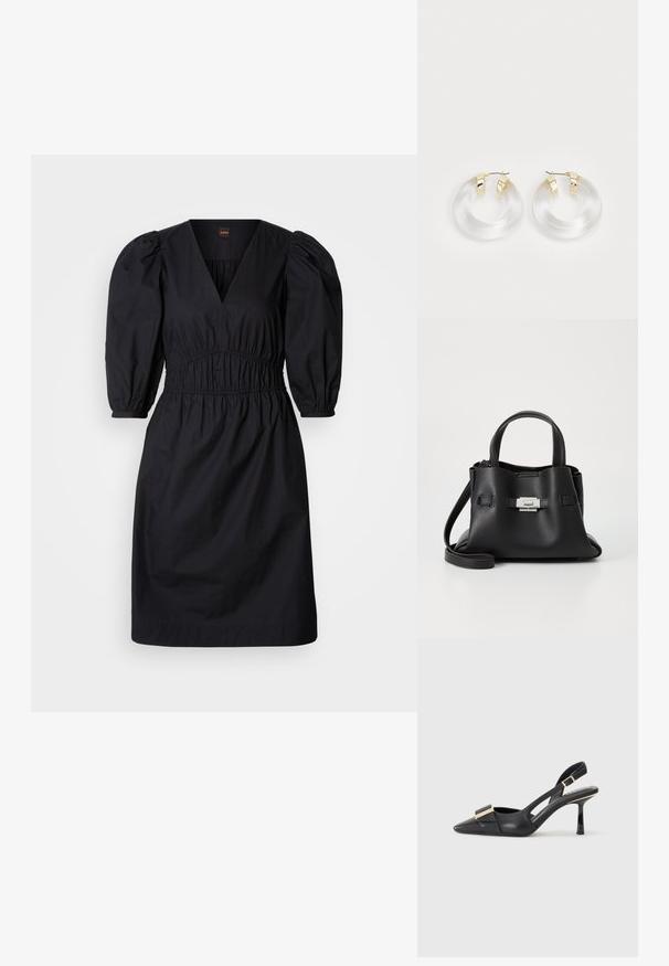 Musta mekko puffihihoilla, syvällä V-pääntiellä ja poimutetulla vyötäröllä. Sileä kangas rentoa istuvuutta varten, polven pituinen malli. Yksinkertainen ja monipuolinen.; Mustat nahkasaappaat, joissa on kärki, kapea korko ja kultasävyinen koriste etuosassa. Silkkinen pinta ja jämäkkä muotoilu.; Mustat nahkaa oleva käsilaukku, jossa on teksturoitu pinta, kaksi yläkahvaa, irrotettava olkahihna ja hopeinen solk yksityiskohta.; Läpinäkyvät akryylirenkaat kullansävyisillä metallikoristeilla ja kiiltävällä pinnalla. Ominaisuuksina sileä, ympyränmuotoinen muotoilu.