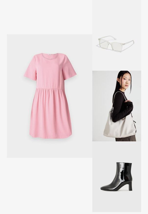 Vestido curto rosa feito de um tecido suave, com mangas curtas, decote redondo e cintura franzida. Textura lisa, design simples.; Botim de tornozelo em pele sintética preta com bico apontado e salto bloco de altura média. Textura suave e design minimalista.; Óculos quadrados de plástico transparente com lentes translúcidas, apresentando detalhes em dourado nas hastes.; Uma bolsa bege feita de material macio, com um design descontraído, detalhes de costura e duas alças para o ombro. Adequada para uso diário.