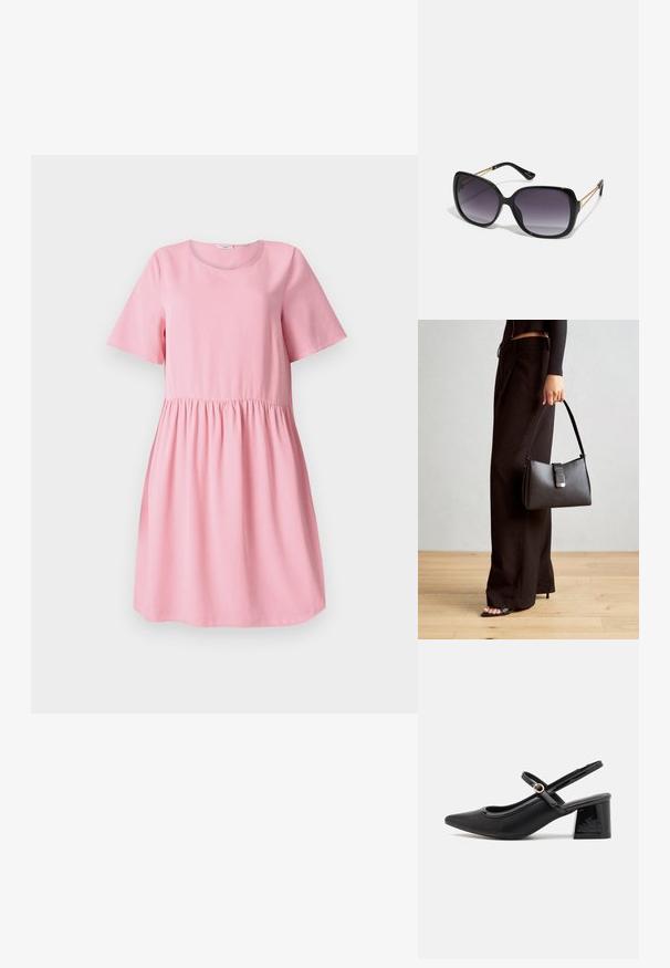 Rövid, rózsaszín ruha, puha anyagból, rövid ujjakkal, kerek nyakkivágással és ráncolt derékkal. Sima textúra, egyszerű dizájn.; Fekete lakk bőr, pántos magassarkú cipő, hegyes orral, lekerekített kivágással és tömbsarkal. Arany színű csat díszíti.; Fekete, oversize napszemüveg fokozatos árnyalatú lencsékkel, vastag kerettel és arany színű lánc díszítéssel a szárakon.; Fekete kézi táska strukturált formával, sima textúrával és fémből készült záródással. Széles fekete nadrággal és nyitott orrú szandállal párosítva, fából készült padlón.