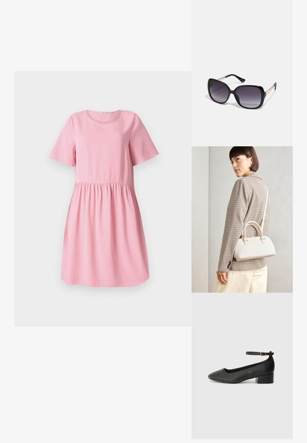 Rochie scurtă roz, confecționată dintr-un material moale, cu mâneci scurte, decolteu rotund și talie plisată. Textură netedă, design simplu.; Pantof cu toc negru din piele, cu vârf ascuțit și toc mic pătrat. Dispune de o curea la gleznă cu o cataramă în tonuri de aur. Textură netedă.; Ochelari de soare negri, supradimensionați, cu lentile degradate, rame groase și detalii cu lanț de ton auriu pe brațele templului.; Geantă structurată albă, cu mânere scurte și curea de umăr, având accente din metal aurit și material texturat, expusă pe un fundal gri.