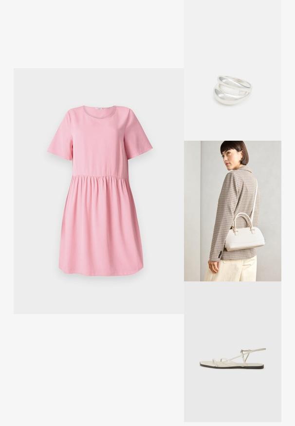 Abito corto rosa realizzato in tessuto morbido con maniche corte, scollo rotondo e vita arricciata. Tessuto liscio, design semplice.; Sandal in beige piatta con multiple cinghie sottili e una fibbia regolabile. La suola è piatta con un leggero contrasto scuro lungo il bordo.; Borsa a mano bianca strutturata con manici corti e tracolla, dotata di dettagli in metallo dorato e materiale testurizzato, esposta su uno sfondo grigio.; Anello doppio in argento con superficie liscia e lucida. Presenta un design fluido e curvo con sezioni sovrapposte per un aspetto moderno.