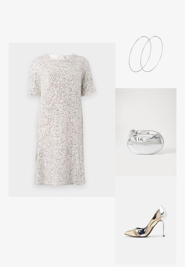 Šaty s krátkým rukávem z lesklých stříbrných flitrů, s kulatým výstřihem a volným střihem, s vnitřní podšívkou pro pohodlí.; Lodička s špičatou špičkou a kombinací stříbrné, zlaté a tělové barvy. Lesklý povrch s vykrojeným designem, s jehlovým podpatkem.; Stříbrná kovová taška s měkkým, zaobleným tvarem a uzávěrem s uzlem. Vyrobena z hladké umělé kůže.; Stříbrné kruhové náušnice s minimalistickým designem. Kruh, hladký povrch a tenký profil. Lehká konstrukce s lesklým povrchem.